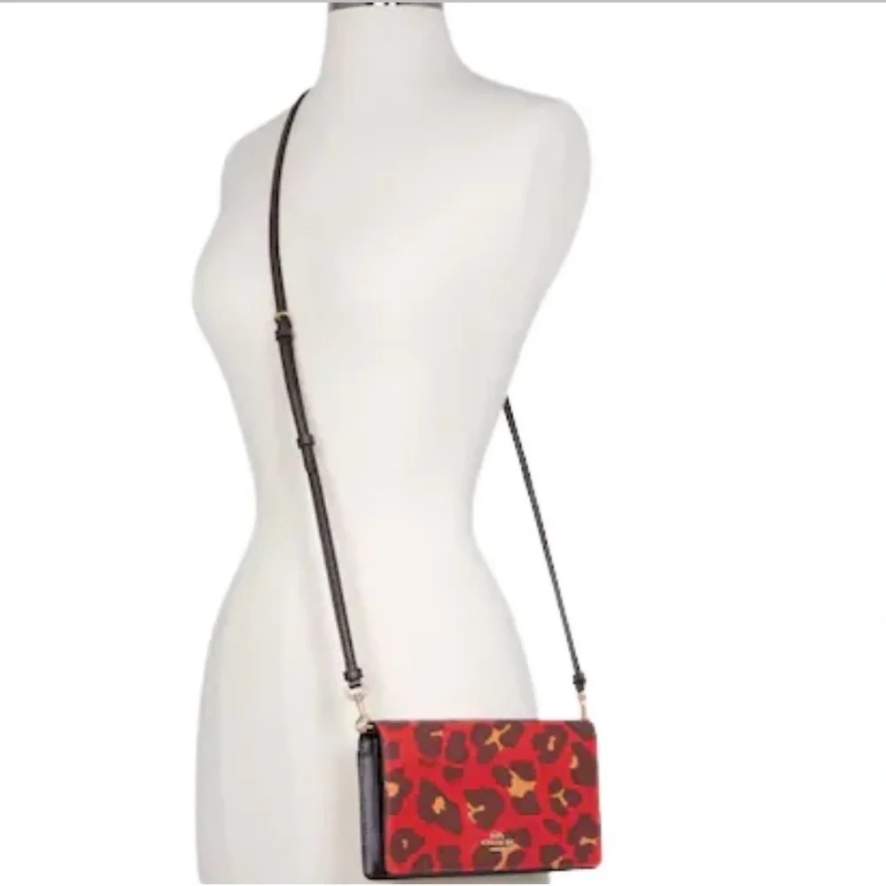 NWOT Coach Anna Foldover Crossbody Clutch With Leopard Print Gold/Bright Poppy